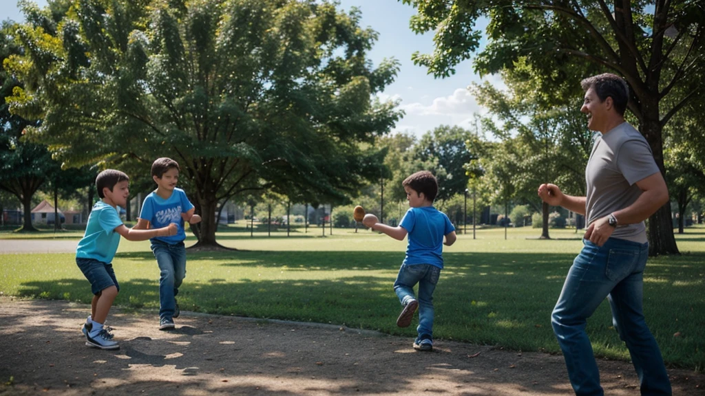 A 47 year old man, with short brown hair and some gray strands, is playing with his three children in a park. The man is wearing a blue t-shirt and jeans. His children are a 7 year old boy, Um menino de 10 anos, and a 13 year old boy. They are playing tag outdoors. The park has green grass, some trees in the background and a clear blue sky with few clouds. The scene is happy and full of laughter.