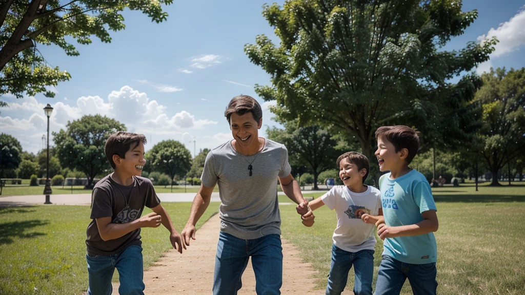 A 47 year old man, with short brown hair and some gray strands, is playing with his three children in a park. The man is wearing a blue t-shirt and jeans. His children are a 7 year old boy, Um de 10 anos, and a 13 year old boy. They are playing tag outdoors. The park has green grass, some trees in the background and a clear blue sky with few clouds. The scene is happy and full of laughter.