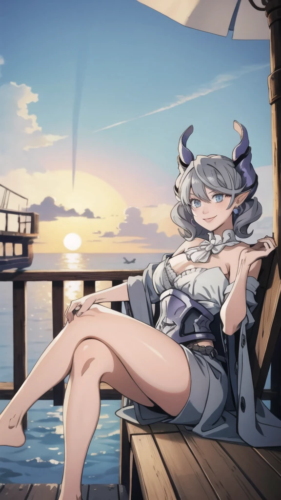 Beautiful arts wallpaper Sunset Outside castle top High level image quality best image quality 8K adult woman on pirate ship with black seals more colors whole body view portrait ears short hair((shortcut)(gray hair)(perm)(fluffy)) eye color is blue , , attractive evil face , smile , wering pirate dress, horn , labrynth , sitting with crossed legs , barefoot , side