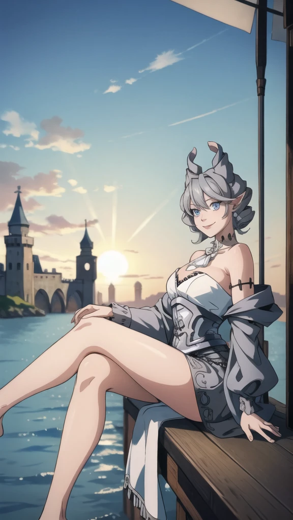 garden sun light High level image quality best image quality 8K adult woman silver castle outside more colors whole body view portrait bikini horn ears short hair((shortcut)(gray hair)(perm)(fluffy)) eye color is blue , , attractive evil face , smile , sexy pose , labrynth , barearm , wearing white , sitting on chair , crossed legs, view heels , view side