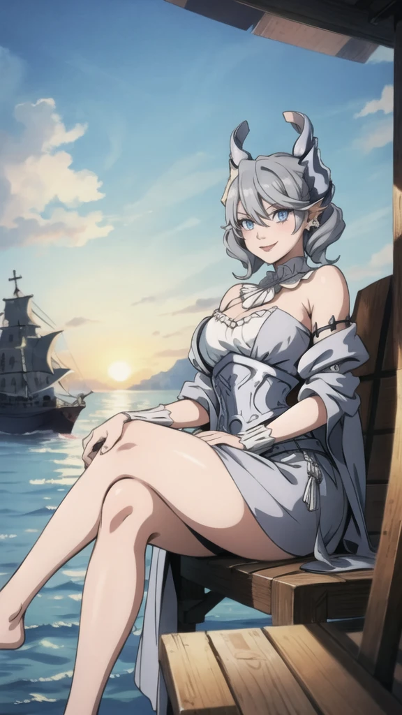 Beautiful arts wallpaper Sunset Outside castle top High level image quality best image quality 8K adult woman silver castle outside more colors whole body view portrait wearing pure white pirate dress horn ears short hair((shortcut)(gray hair)(perm)(fluffy)) eye color is blue , , attractive evil face , smile , beach , labrynth , barefoot , teasing with her breast, , sitting with crossed legs , waves