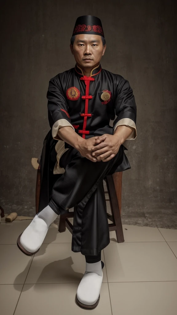 there is a man sitting on a chair wearing a black uniform, a colorized photo inspired by Liao Chi-chun, cg society contest winner, realism, in the style of sifu 🔥 😎 🕹️ 👀 :2, traditional tai costume, realism artstyle, wearing authentic attire, changquan, with acient chinese clothes, [ digital art ]!!, potrait