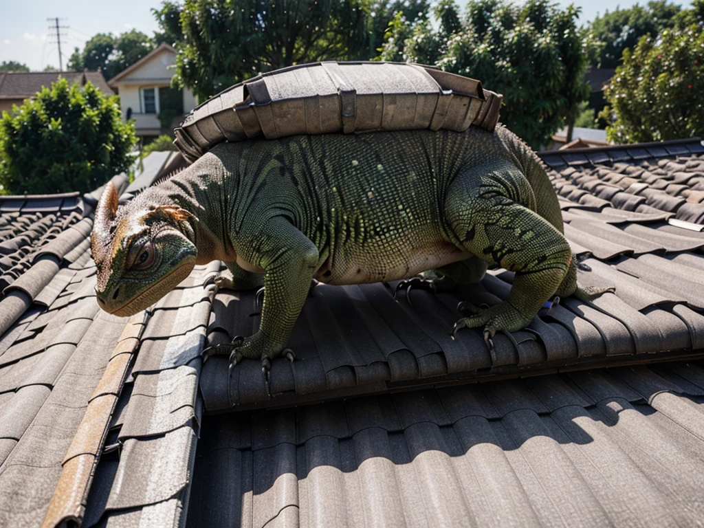A huge monster, lizard-like, climbed onto the roof of the house. People around are running in terror.