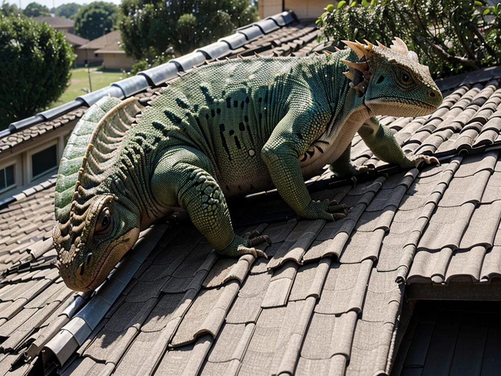 A huge monster, lizard-like, climbed onto the roof of the house. People around are running in terror.