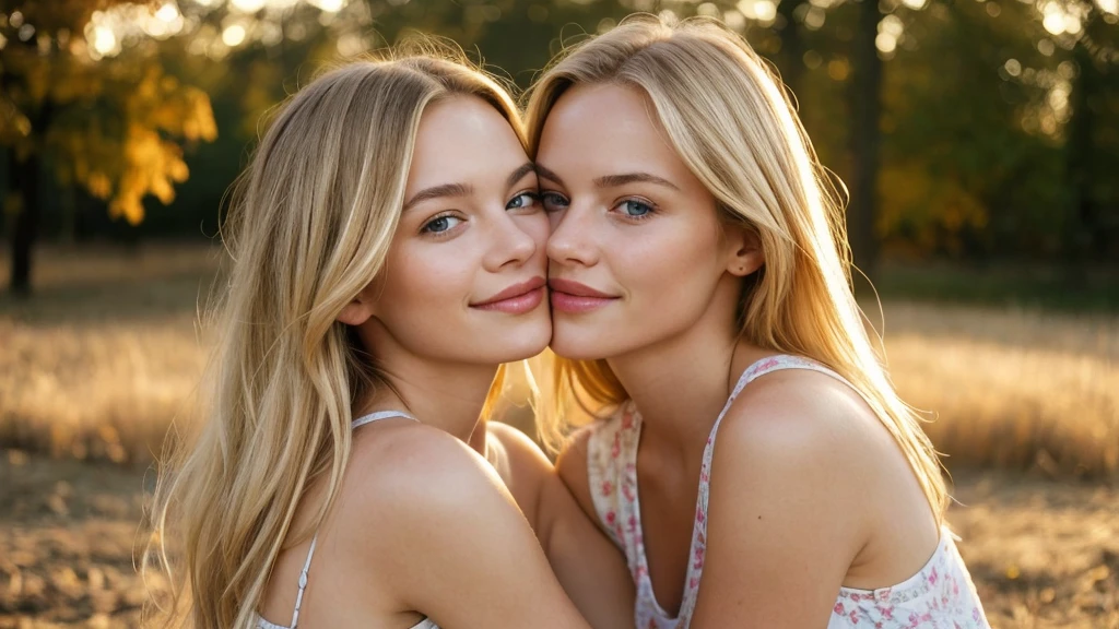 With a shy smile on her delicate face, a young, attractive woman with flowing blond hair exudes warmth. As you gaze at her, you'll notice those lips inviting you to kiss. They form a gentle arch on the canvas of her face, seeming pleasantly warm, as if always ready for a tender embrace or an emotionally charged kiss. Observing her, you can see how she plays with the light. The warmth of the falling sun emphasizes the subtle features of her face, making her even more dazzling. This young woman, illuminated by sunlight, is like a painting that captures attention, and her presence makes you want to freeze time to savor the moment shimmering with the fullness of life. ultra high res.photorealistic:.1.4, UDH
