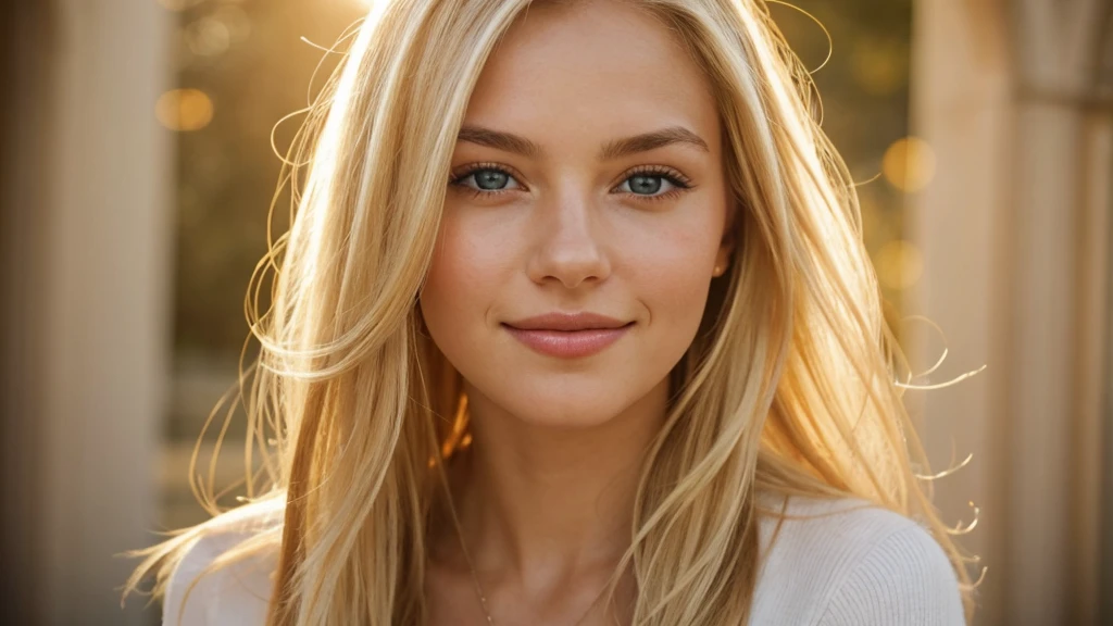 With a shy smile on her delicate face, a young, attractive woman with flowing blond hair exudes warmth. As you gaze at her, you'll notice those lips inviting you to kiss. They form a gentle arch on the canvas of her face, seeming pleasantly warm, as if always ready for a tender embrace or an emotionally charged kiss. Observing her, you can see how she plays with the light. The warmth of the falling sun emphasizes the subtle features of her face, making her even more dazzling. This young woman, illuminated by sunlight, is like a painting that captures attention, and her presence makes you want to freeze time to savor the moment shimmering with the fullness of life. ultra high res.photorealistic:.1.4, UDH
