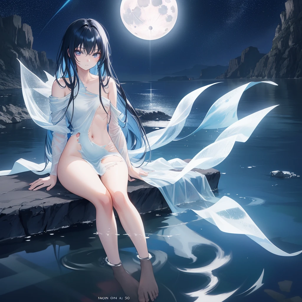 ((A long shot)) of a black-haired anime girl, ((sitting in a river)), ((strong moonlight)), cinematic light, slim body, skin is perfectly healthy, soft, and smooth, Extremely delicate and beautiful CG illustration, best quality, high resolution, dynamic angle, full-length lens, (1 girl), floating, (soft light, high-key lighting), glowing light, blue halo, blue crystal, ((very cinematic)), ((half naked)), ((torn clothes))