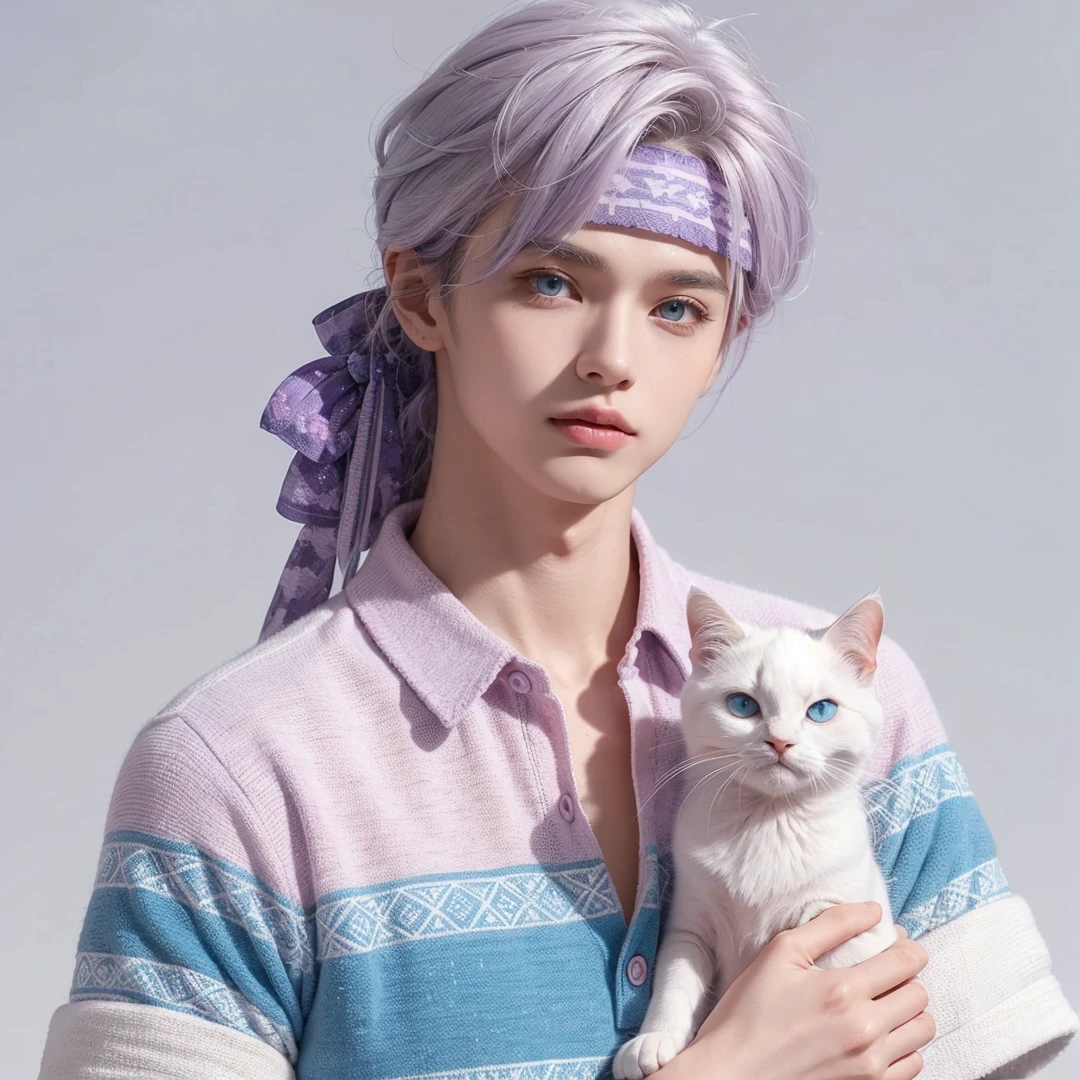 Handsome boy, white hair highlighted with purple, gray eyes, (wearing light pink, blue, and white polo), wearing purple and blue headdress, white cat