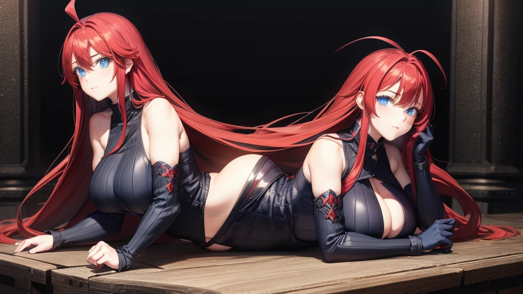 Girl, blue eyes, long hair, red hair, ahoge, huge breasts, wearing a black armor, huge gothic castle background