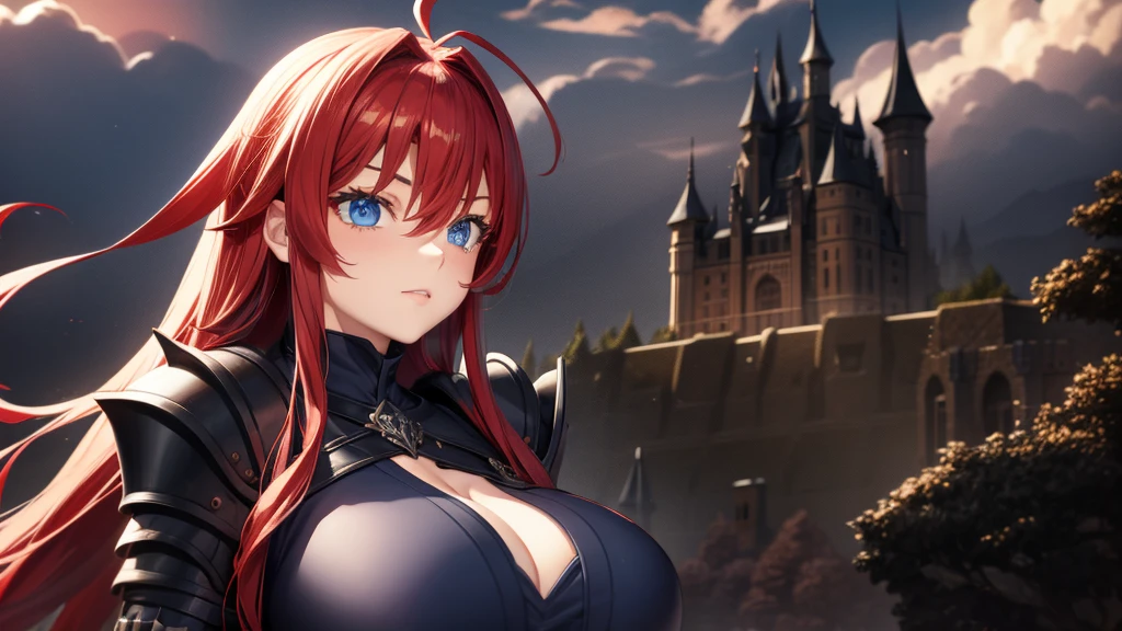 Girl, blue eyes, long hair, red hair, ahoge, huge breasts, wearing a black armor, huge gothic castle background