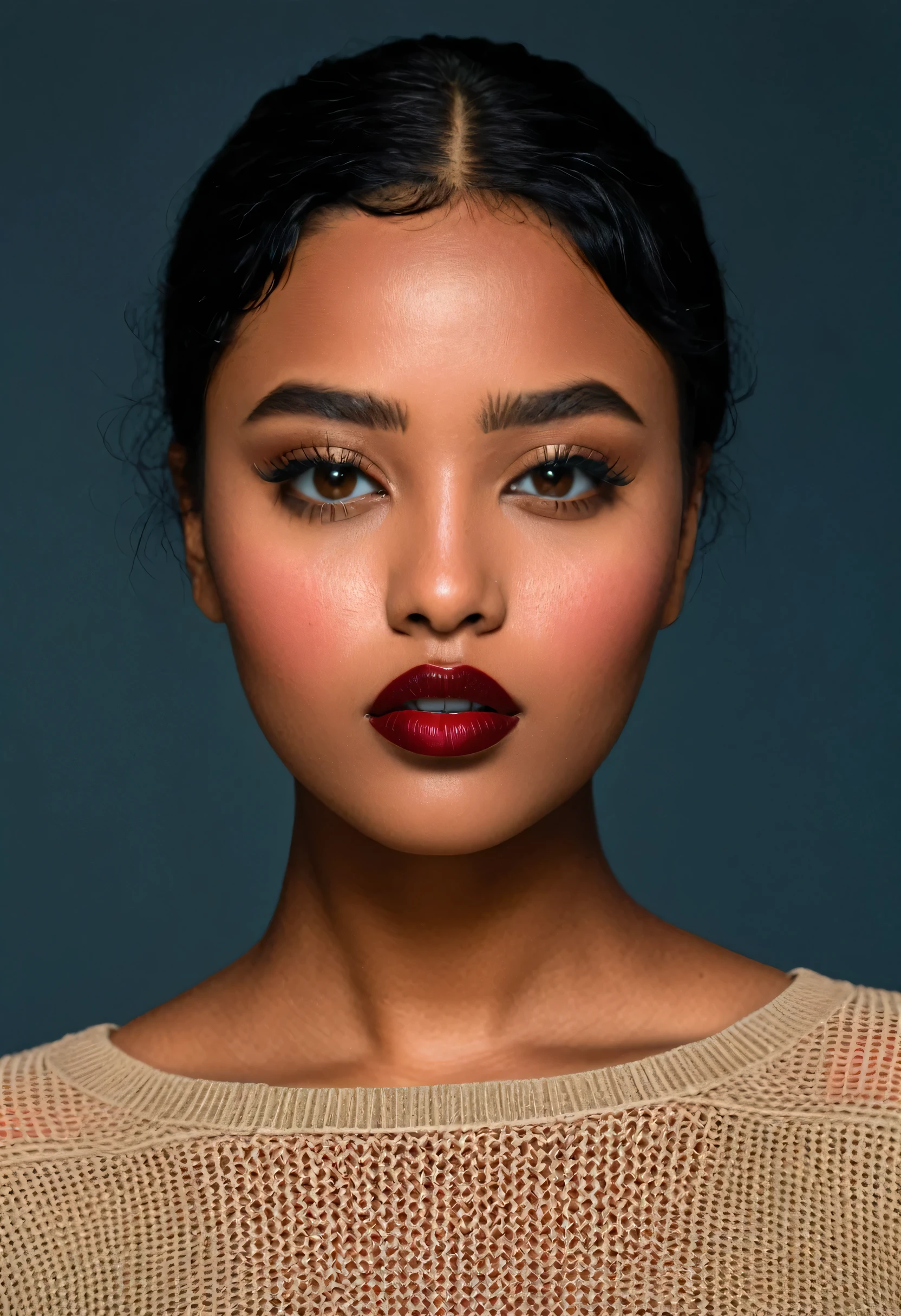 features a young individual with very dark skin, plump lips and dark hair cut slightly below the chin. Lots of makeup, dark red lipstick. Your eyes are light in color, and they have prominent freckles on their cheeks and nose. The individual is looking directly at the viewer, displaying a neutral to subtly thoughtful expression, with the head slightly tilted. They are wearing what appears to be a dark sweater or blouse.. The background is solid, in warm tones, coral color that contrasts with the subject's dark hair and pale complexion, bringing focus to your face and expression.