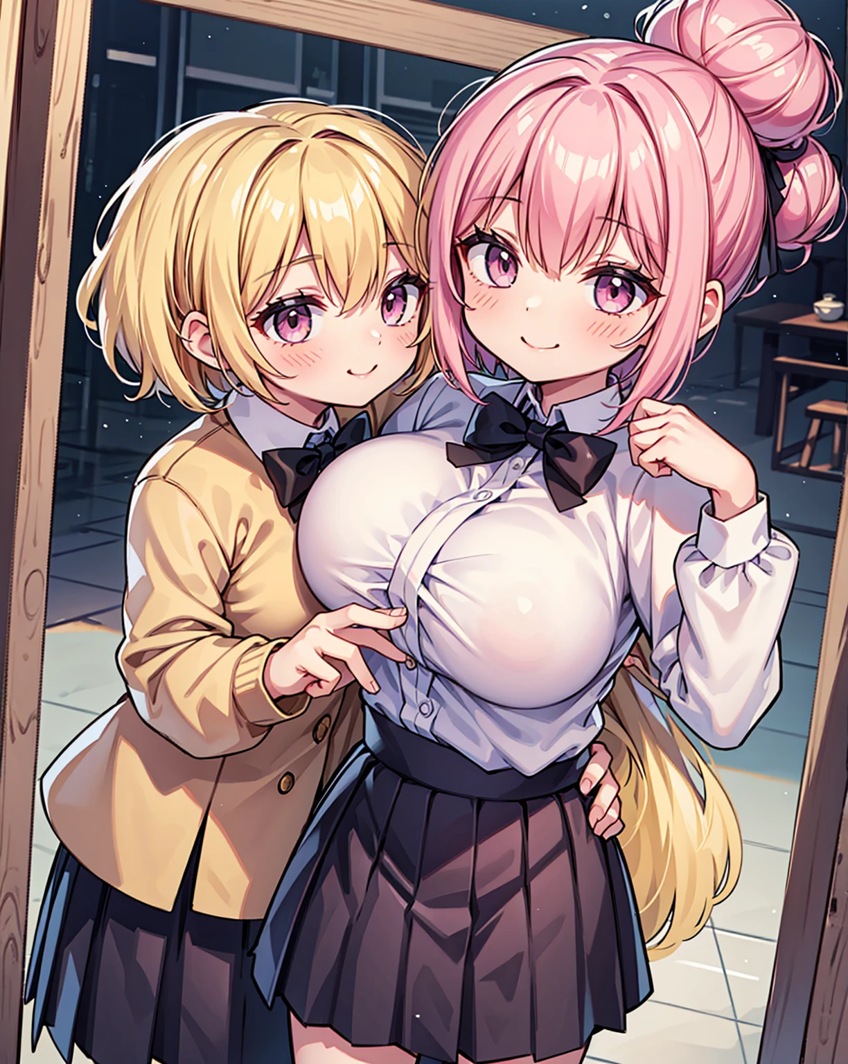 masterpiece, Highest quality, High resolution, JK,huge tit,One girl,black bow,black bowtie,Blonde,bow,bowtie,chest,Hair Bun,Hand in hand,Intertwined fingers,Long Hair,View your viewers,1人のboy,boy,hug,Pink Hair,pleated skirt,Tucked in shirt,short hair,skirt,smile,Tent shirt,breast grab