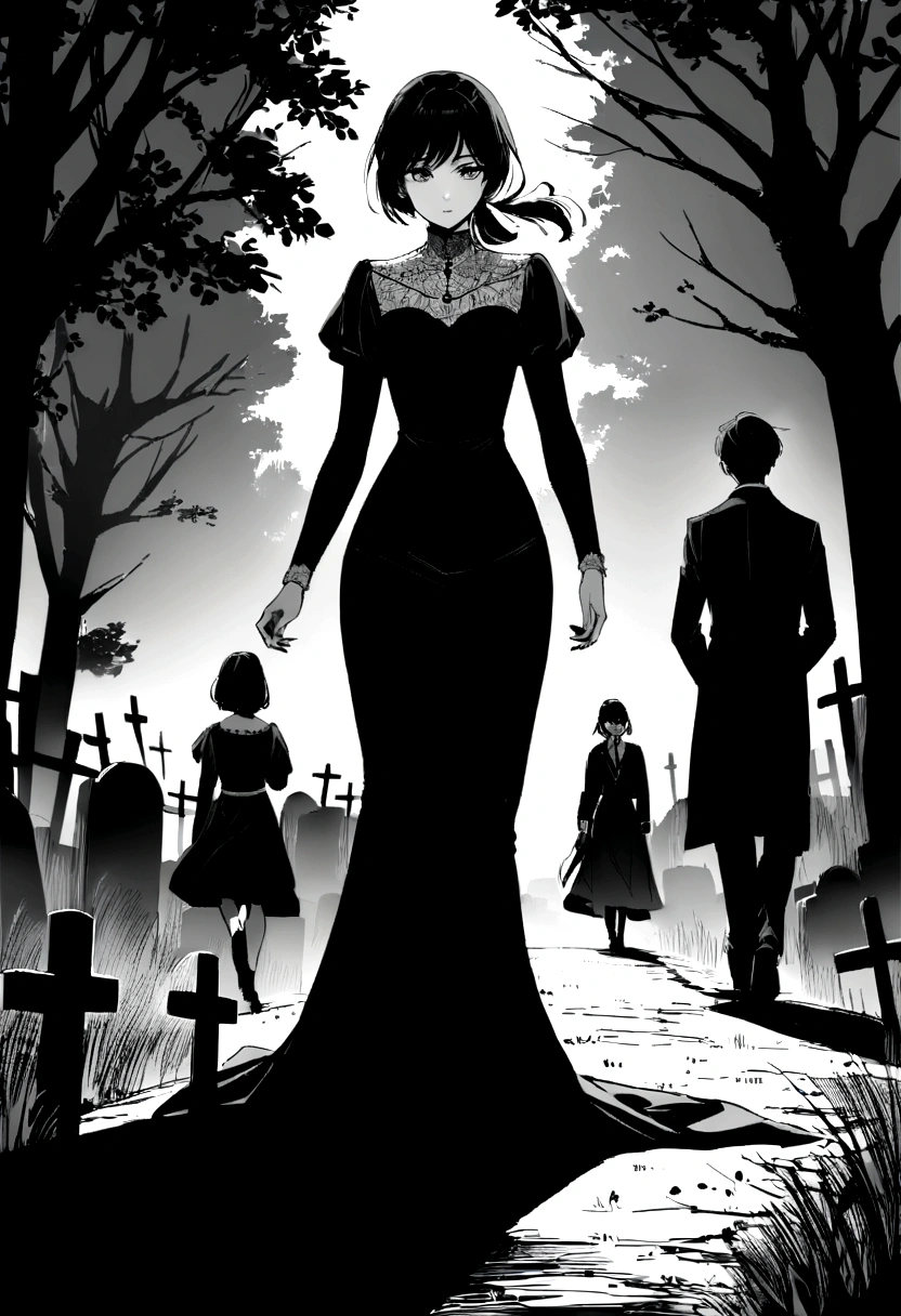 A woman with Latin features with her hair tied up next to her 25-year-old daughter with short hair and the two are walking in a cemetery. everything in black and white