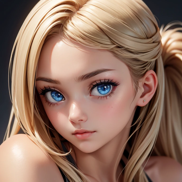 The image features a close-up portrait of a young woman with striking blue eyes. Her gaze is direct and engaging, and she has a gentle expression. Her hair is styled in a way that frames her face, and she appears to be wearing subtle makeup that enhances her natural beauty. The background is a simple, solid color, which helps to draw attention to her features. The lighting is soft and even, highlighting her skin tone and the details of her facial features. The overall composition of the image suggests a focus on capturing the essence of the subject's beauty and the intensity of her gaze.