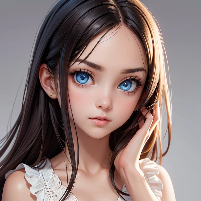 The image features a close-up portrait of a young woman with striking blue eyes. Her gaze is direct and engaging, and she has a gentle expression. Her hair is styled in a way that frames her face, and she appears to be wearing subtle makeup that enhances her natural beauty. The background is a simple, solid color, which helps to draw attention to her features. The lighting is soft and even, highlighting her skin tone and the details of her facial features. The overall composition of the image suggests a focus on capturing the essence of the subject's beauty and the intensity of her gaze.