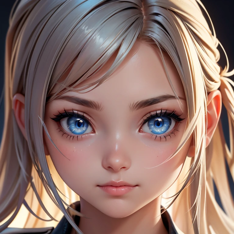 The image features a close-up portrait of a young woman with striking blue eyes. Her gaze is direct and engaging, and she has a gentle expression. Her hair is styled in a way that frames her face, and she appears to be wearing subtle makeup that enhances her natural beauty. The background is a simple, solid color, which helps to draw attention to her features. The lighting is soft and even, highlighting her skin tone and the details of her facial features. The overall composition of the image suggests a focus on capturing the essence of the subject's beauty and the intensity of her gaze.