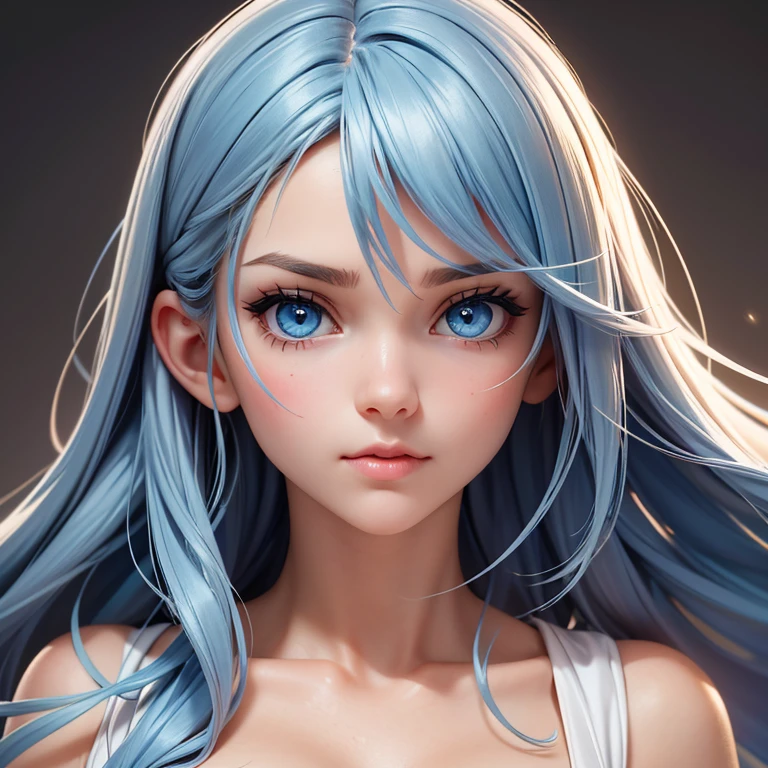 The image features a close-up portrait of a young woman with striking blue eyes. Her gaze is direct and engaging, and she has a gentle expression. Her hair is styled in a way that frames her face, and she appears to be wearing subtle makeup that enhances her natural beauty. The background is a simple, solid color, which helps to draw attention to her features. The lighting is soft and even, highlighting her skin tone and the details of her facial features. The overall composition of the image suggests a focus on capturing the essence of the subject's beauty and the intensity of her gaze.