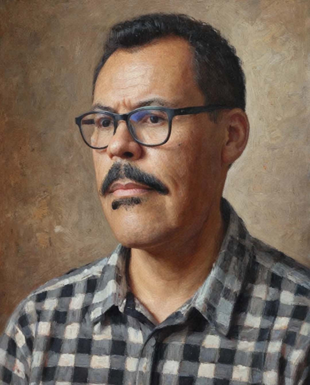 Half-body portrait of a man with glasses and a mustache, short hair with a fade on the sides, wearing a checkered shirt. The portrait is done in acrylic painting style, capturing the texture and depth of the medium. The background is softly blended, enhancing the focus on the man. The lighting is warm and natural, adding a realistic touch to the painting. (acrylic painting style:1.2), (highly detailed:1.1), (soft lighting:1.1), (textured brushstrokes:1.1), (warm tones:1.1).,gutto2024abr 