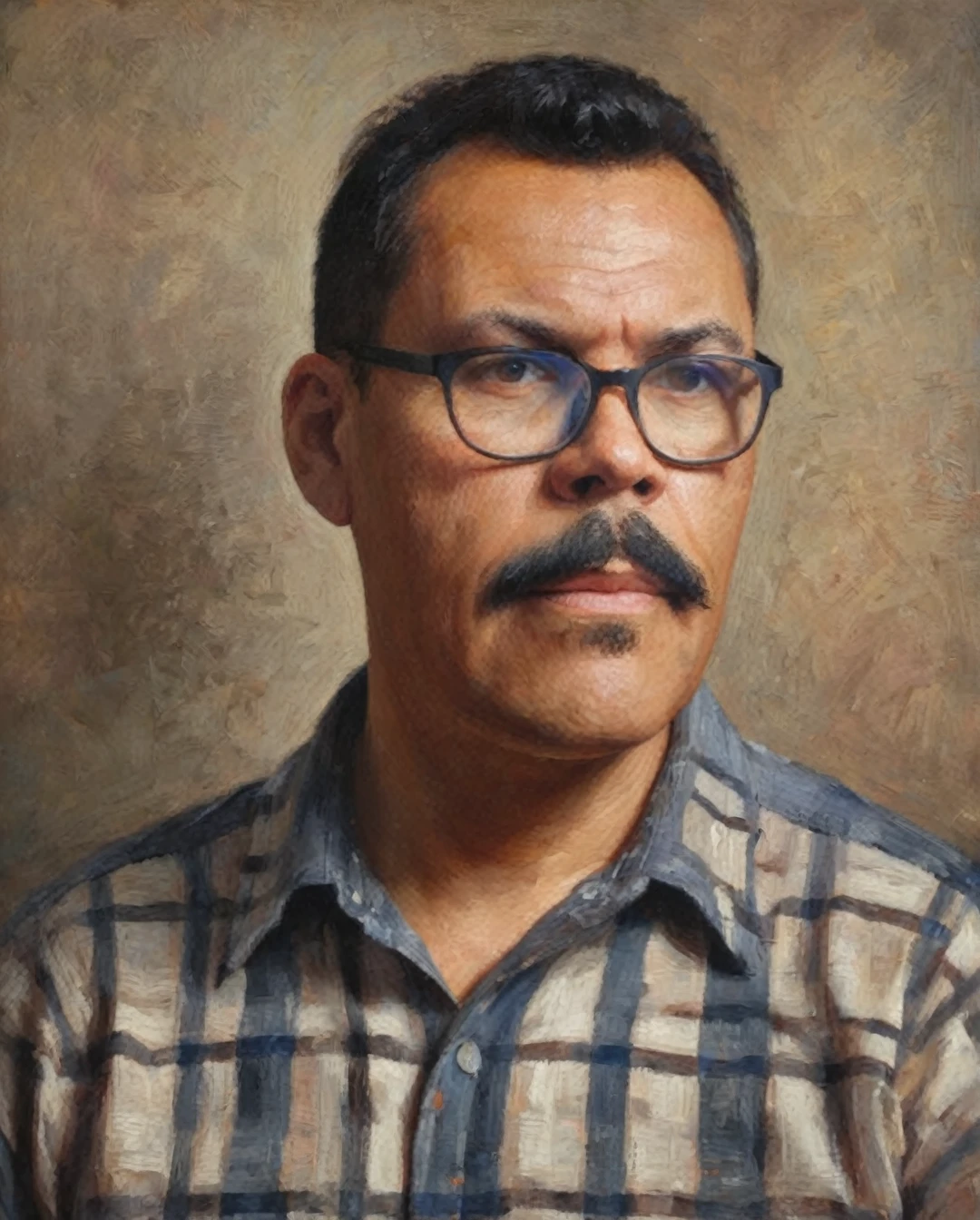 Half-body portrait of a man with glasses and a mustache, short hair with a fade on the sides, wearing a checkered shirt. The portrait is done in acrylic painting style, capturing the texture and depth of the medium. The background is softly blended, enhancing the focus on the man. The lighting is warm and natural, adding a realistic touch to the painting. (acrylic painting style:1.2), (highly detailed:1.1), (soft lighting:1.1), (textured brushstrokes:1.1), (warm tones:1.1).,gutto2024abr 