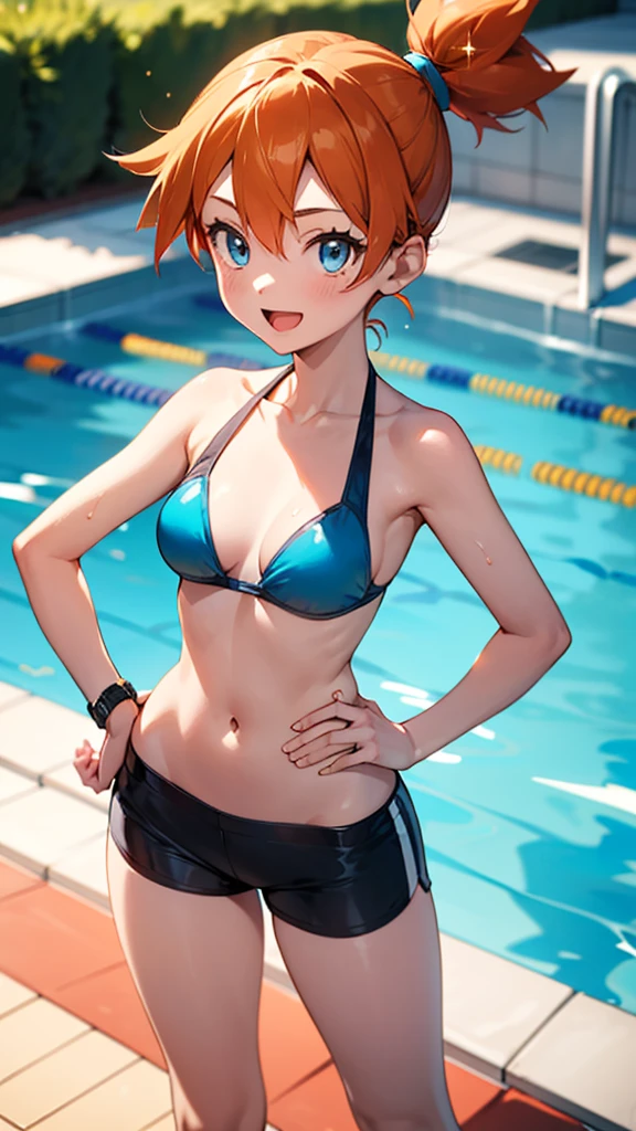 1 girl, masterpiece, best quality, highres, ro1, Misty from pokemon, hair bun, blue eyes, bikini top, blue bicycle shorts, small ponytail on the side, wristwatch, standing, hand on hip, smile, open mouth, (sparkle:1.1), orange hair, medium breasts, 3/4 body view, outdoors, swimming pool