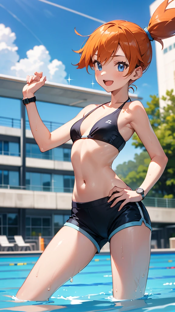 1 girl, masterpiece, best quality, highres, ro1, Misty from pokemon, hair bun, blue eyes, bikini top, blue bicycle shorts, small ponytail on the side, wristwatch, standing, hand on hip, smile, open mouth, (sparkle:1.1), orange hair, medium breasts, 3/4 body view, outdoors, swimming pool