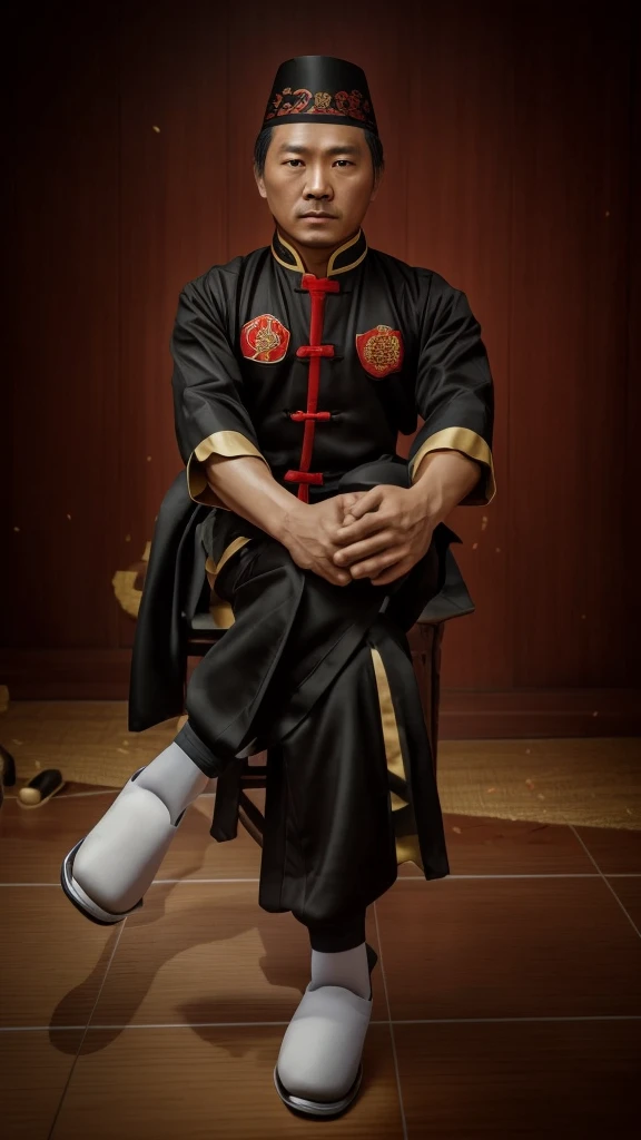 there is a man sitting on a chair wearing a black uniform, a colorized photo inspired by Liao Chi-chun, cg society contest winner, realism, in the style of sifu 🔥 😎 🕹️ 👀 :2, traditional tai costume, realism artstyle, wearing authentic attire, changquan, with acient chinese clothes, [ digital art ]!!, potrait