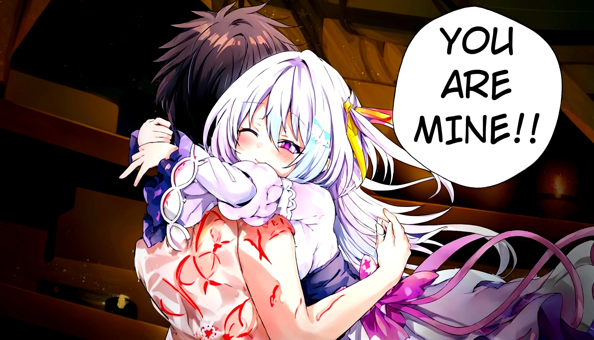 anime girl hugging another girl with a comic bubble above her, gapmoe yandere, yandere, gapmoe yandere grimdark, ahegao, nightcore, from the azur lane videogame, top rated on pixiv, in no game no life, colored manga, nixeu and sakimichan, yandere intricate, splash art anime 