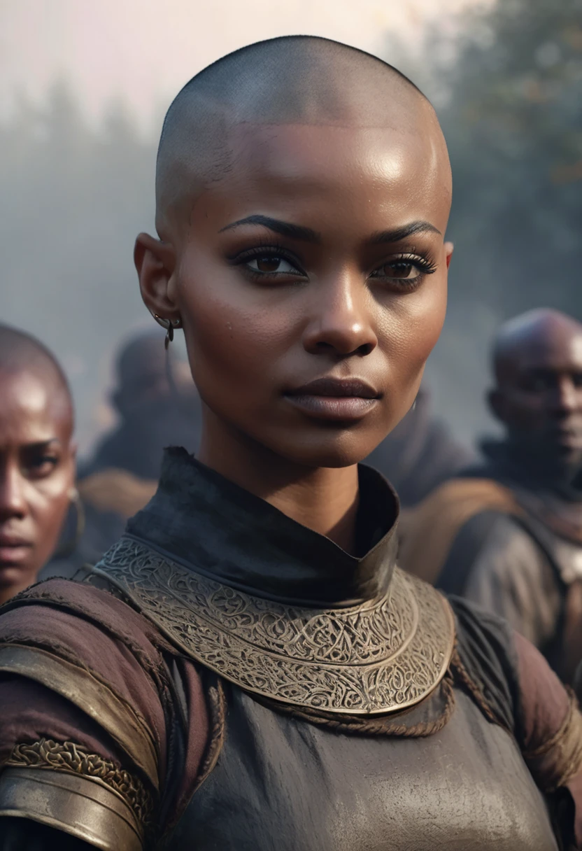 1 woman, inside a medieval training camp, wearing common medieval training clothes, detailed facial features, dark, feminine eyes, detailed dark black skin,Fully shaved hair, strong expression, dramatic lighting, cinematic composition, defined female body muscles, cold palette and warm color palette, atmospheric fog, pretty face, thin chin, beautiful black woman with shaved hair, (best quality, 4K, 8K, high resolution, art: 1.2), ultra-detailed, (realistic, photorealistic , photorealistic: 1.37)