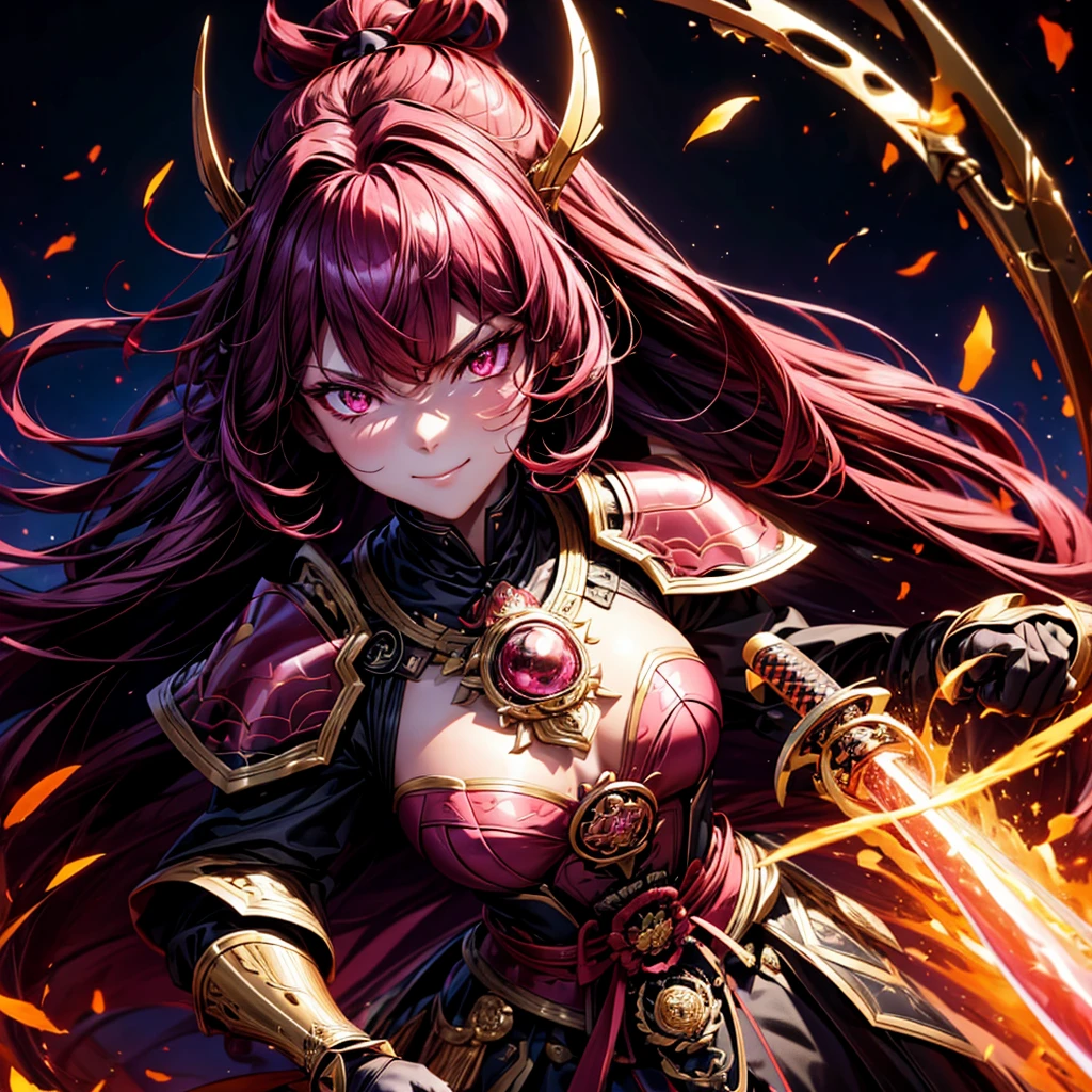 best quality,4K,high resolution),Ultradetailliert,realistisch,portrait, Lila Samurai Sukkubus mit einen katana dunkelrotem Haar, a purple-dark red armor with gold neon lights with gold trim and glowing red eyes, Leuchtende Farben, delicate features, seductive glance, Charming smile, wallende Haare, sanfte Beleuchtung