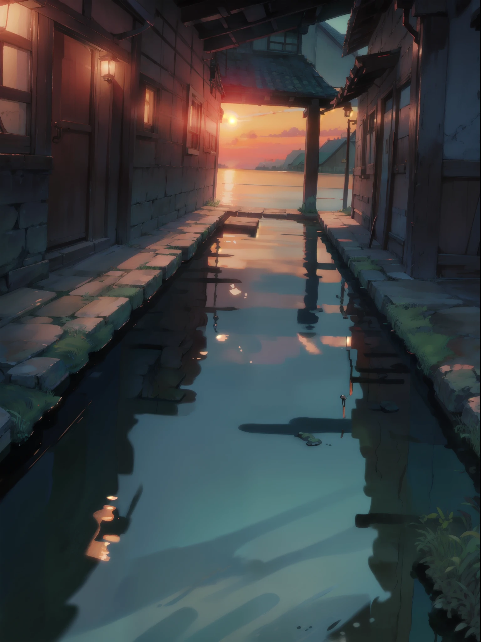 Sunset, wind up, girl sitting under stone pier, confused, HD 8k, masterpiece