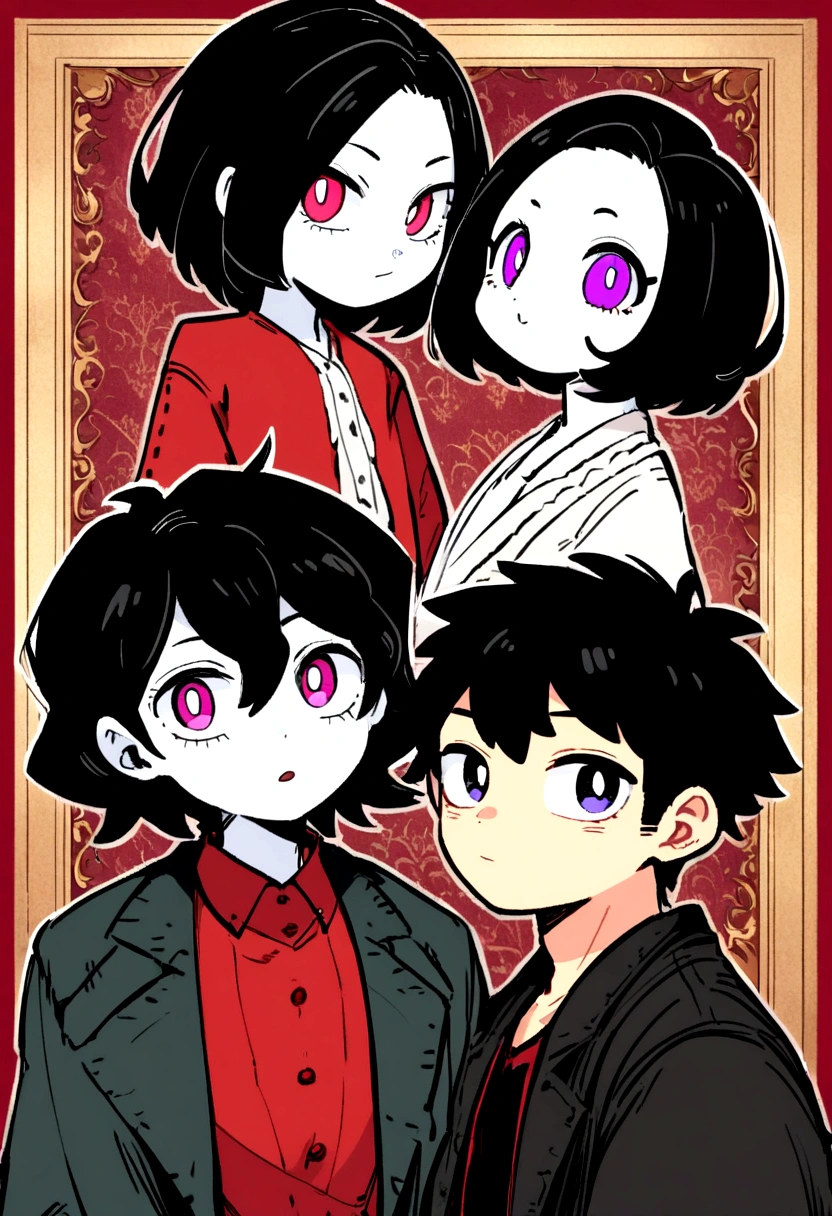 , black hair, short hair, Boku no Hero drawing style, violet eyes, white skin, cute face, detailed face, teenage face, bright eyes, black trousers, red shirt, shabby coat