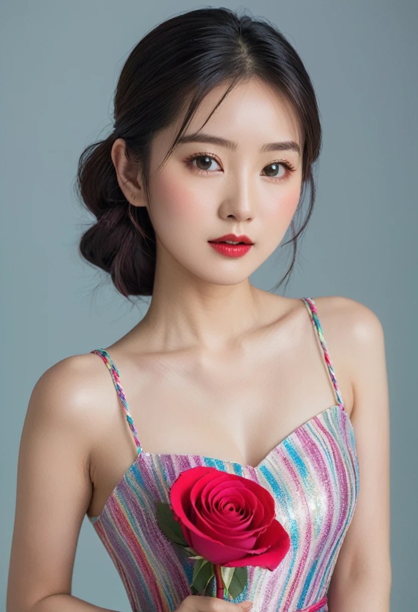 An Asian young woman in a dress of bright, multi-colored slit, depicted with a flirtatious expression on her face, holds a scarlet rose in her hands, the figure is turned slightly towards the right shoulder, at an angle of 20%, viewed from front to back. her hair is long and braided. Professional color correction with soft shadows, professional studio lighting.