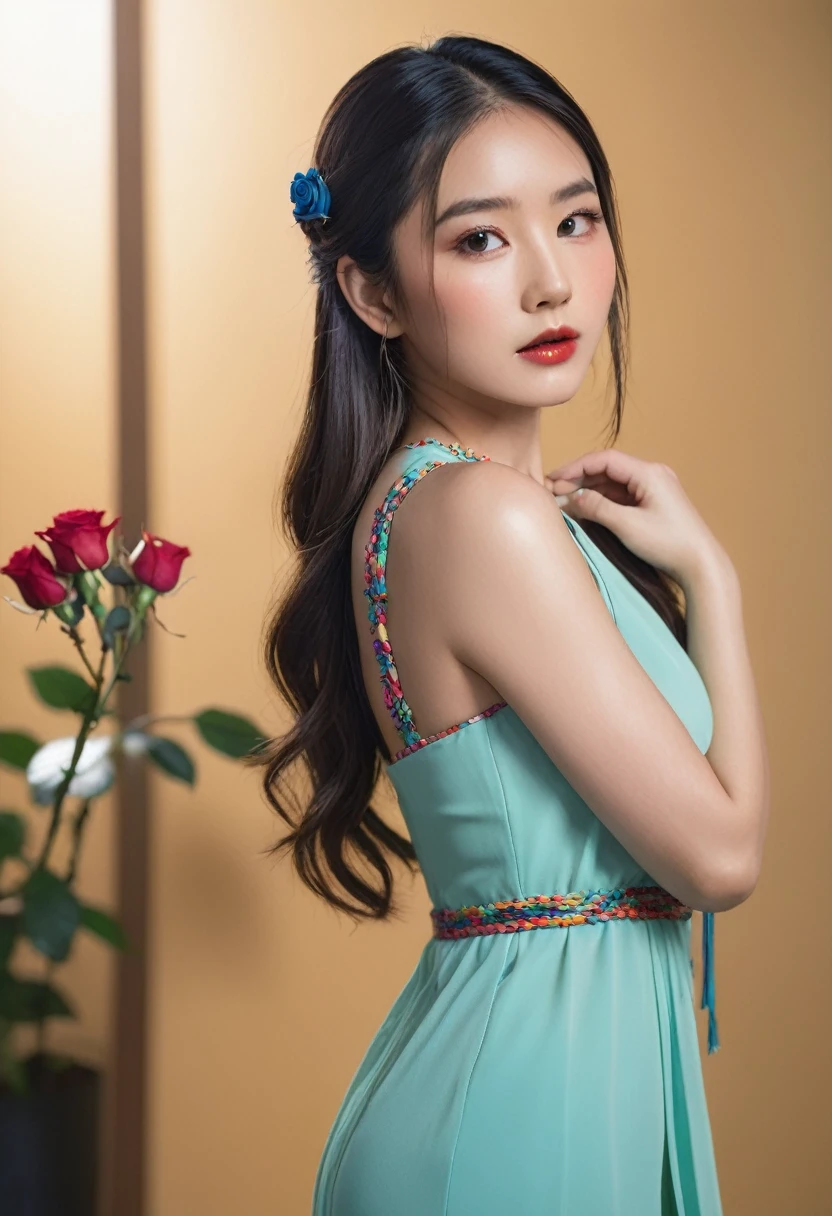 An Asian young woman in a dress of bright, multi-colored slit, depicted with a flirtatious expression on her face, holds a scarlet rose in her hands, the figure is turned slightly towards the right shoulder, at an angle of 20%, viewed from front to back. her hair is long and braided. Professional color correction with soft shadows, professional studio lighting.
