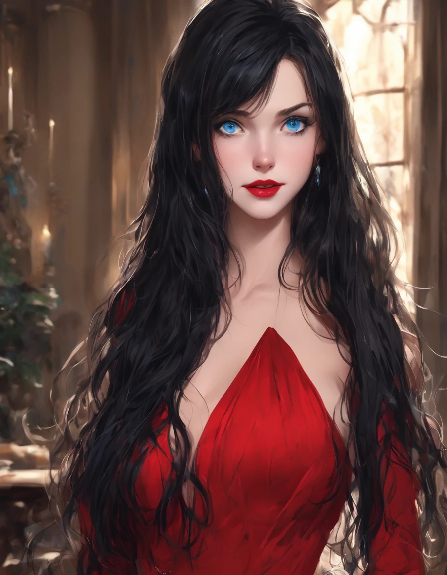 Laura,red lips,blue eyes,long black hair,
red dress,
upper body,solo,standing,smile,close,
night,large mansion,
(insanely detailed, beautiful detailed face,beautiful detailed eyes, masterpiece, best quality),