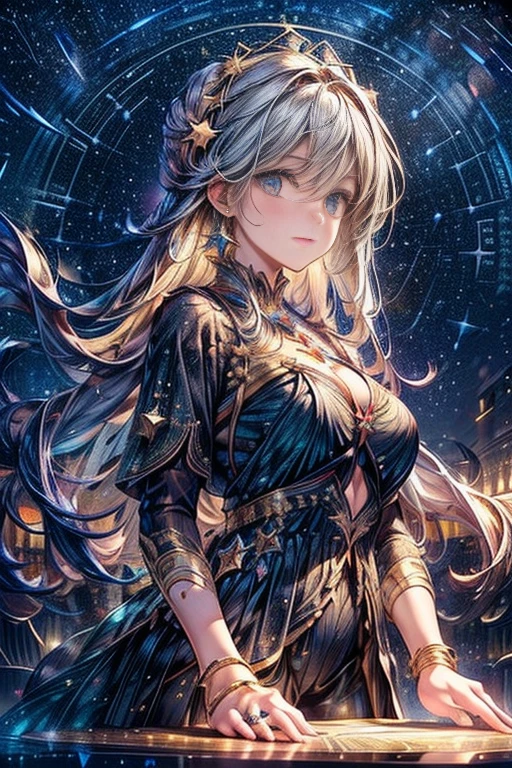 top quality, future world, State-of-the-art astrology, Beautiful Woman, flying hair, Zodiac signs, sexy images, whole body photo, ((Astrologer, star signs ring on table, Horoscope,constellations, night sky ))