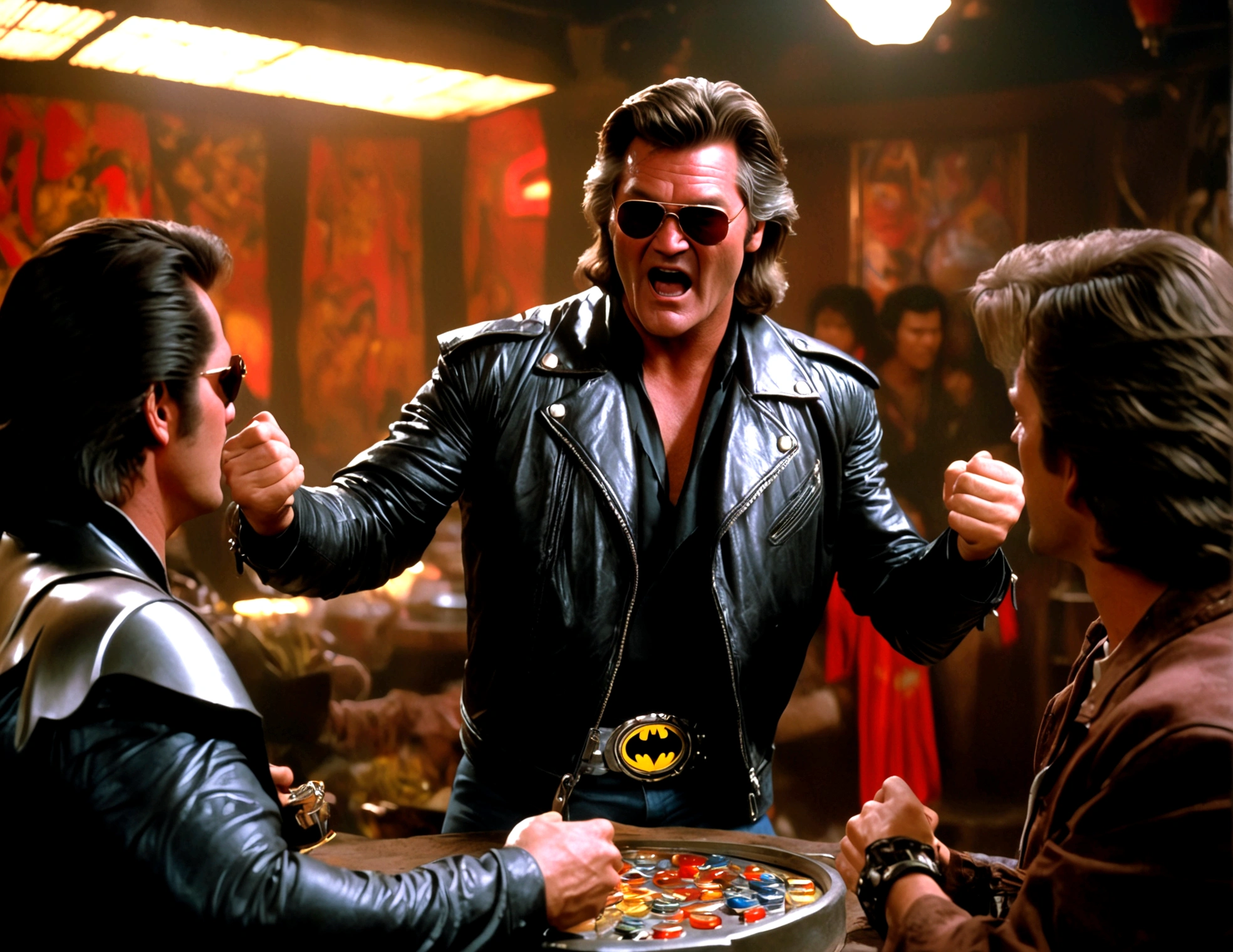 (a man (Kurt Russell 1986) in a leather jacket with sunglasses, angry facial expression (Big Trouble in Little China movies Jack Burton)), gesturing angrily arguing with (Steven Seagal as DC comics Batman), underground lair with high-tech equipment, dark moody lighting, dramatic composition, cinematic, (best quality,8k,highres,masterpiece:1.2),ultra-detailed,(realistic,photorealistic,photo-realistic:1.37),cinematic lighting,dramatic lighting,moody lighting,dark atmosphere,gritty,industrial,cyberpunk