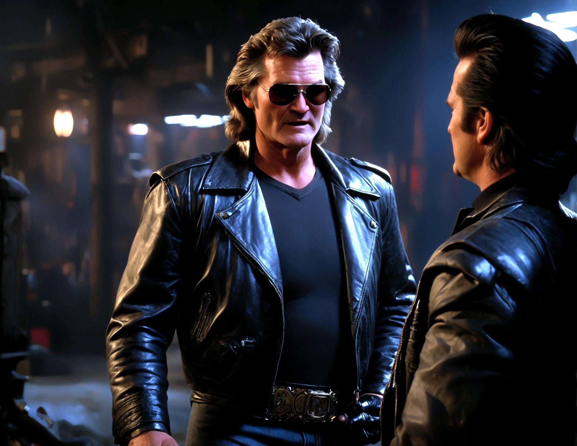 (a man (Kurt Russell 1986) in a leather jacket with sunglasses, angry facial expression (Big Trouble in Little China movies Jack Burton)), gesturing angrily arguing with (Steven Seagal as DC comics Batman), underground lair with high-tech equipment, dark moody lighting, dramatic composition, cinematic, (best quality,8k,highres,masterpiece:1.2),ultra-detailed,(realistic,photorealistic,photo-realistic:1.37),cinematic lighting,dramatic lighting,moody lighting,dark atmosphere,gritty,industrial,cyberpunk
