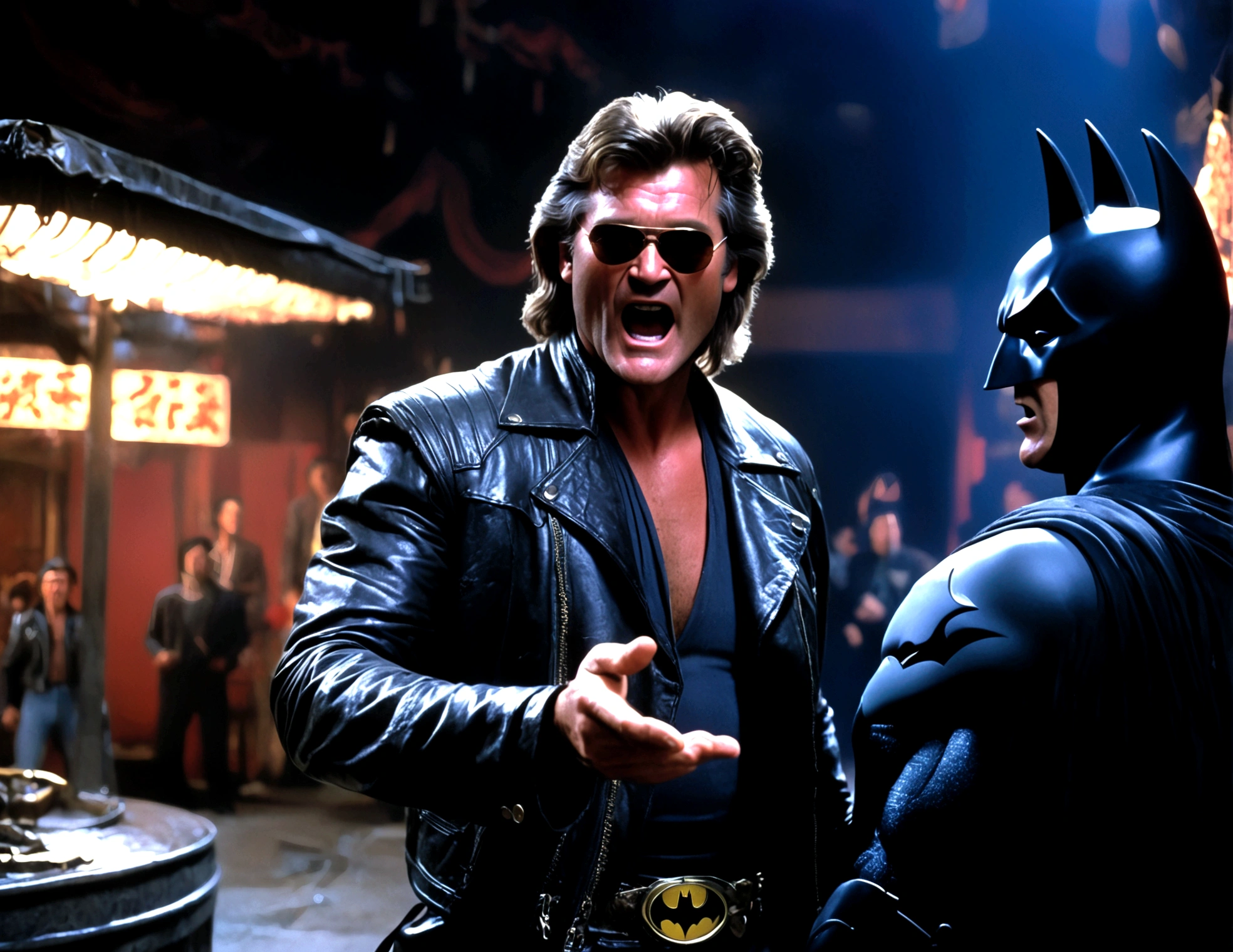 (a man (Kurt Russell 1986) in a leather jacket with sunglasses, angry facial expression (Big Trouble in Little China movies Jack Burton)), gesturing angrily arguing with (Steven Seagal as DC comics Batman), underground lair with high-tech equipment, dark moody lighting, dramatic composition, cinematic, (best quality,8k,highres,masterpiece:1.2),ultra-detailed,(realistic,photorealistic,photo-realistic:1.37),cinematic lighting,dramatic lighting,moody lighting,dark atmosphere,gritty,industrial,cyberpunk