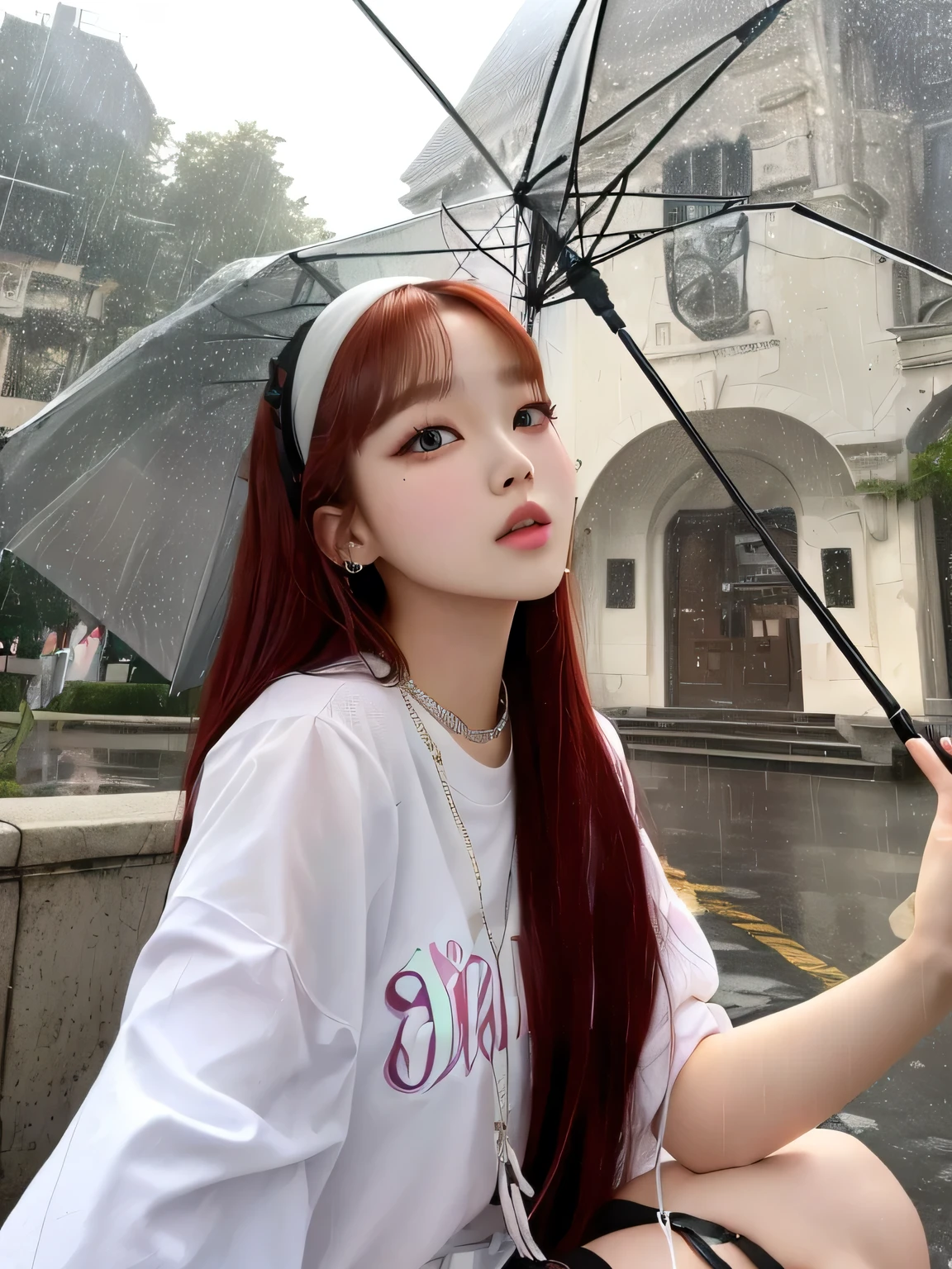 arafed woman sitting on the ground holding an umbrella, ulzzang, red hair, jossi of blackpink, jisoo from blackpink, portrait of jossi of blackpink, jisoo of blackpink, roseanne park of blackpink, park ji-min, jinyoung shin, 8k selfie photograph, belle delphine, 8k)), it is raining heavily, lalisa manoban of blackpink