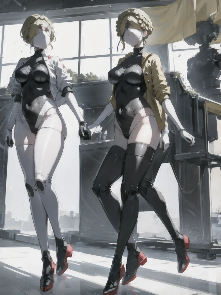 extremely clear 8K wallpaper, extremely delicate and detailed face, absurdres, masterpiece, full body, An android girl with a wasp motif, a helmet and flight suit intricately designed in fluorescent yellow and matte black, the helmet is designed to cover everything from her head to her nose, and her mouth has a sinister smile. , It has a huge needle part on its hip, which shows its high fighting ability., splatter ground, standing with hand on hip,