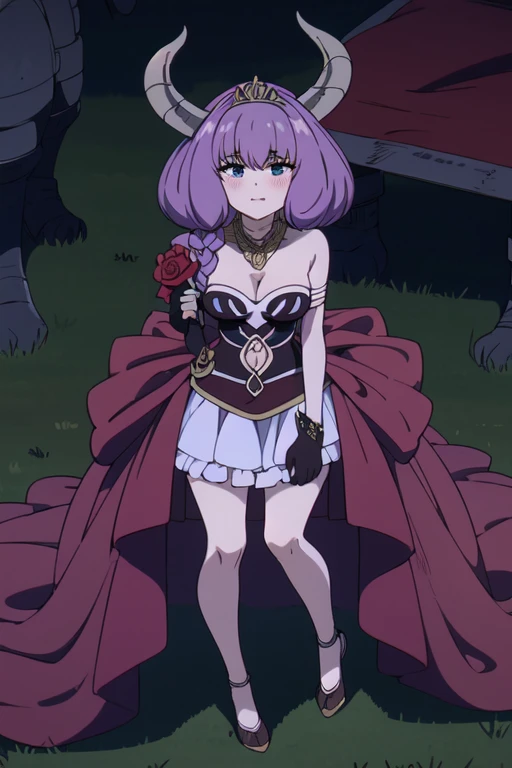(((Best quality))), ((Ultra-detailed)), ((illustration)), ((Disheveled hair)), ((frilld)), (1 girl), (Solo),
alternative costume, blush, breasts, ***, butterfly, cleavage, clothing, crown, dress, fake wings, female, flower, frilled dress, frills, full body, gloves, headwear, insect, jewelry, large breasts, long hair, necklace, red flower, red rose, rose, short dress, solo, strapless, strapless dress, tiara, white dress, white gloves,
pink hair,grey hair,Horns,