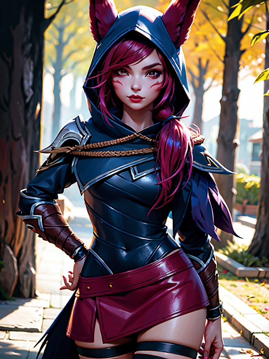 grass, sky, field, league of legends, 1girl, animal ears, bandage legs, long legs, bandage, bandage, bird's legs, bird skull, cape, shut up, ears through headdress, eyes visible through hair, facial markings, feathers, hood, hooded cape, long hair, yellow eyes, red hair, armour, blue shawl, shawl, shawl, shawl, shawl long hair, hooded shawl, red dress, dress, nose ring, nostrils