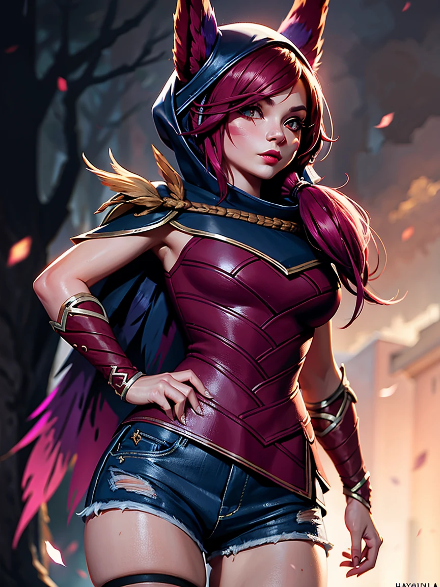 1 girl, 3d, afterimage, rote Haar, breasts, pull clothes, Animal ears, (xayah Hoodie), (xayah Cape), Cowboy-shot, contrasting sleeves, looking down at viewer, Head out of frame, xayah (League of Legends), lips, Long hair, medium breasts, alone, tight attire, tight Hose