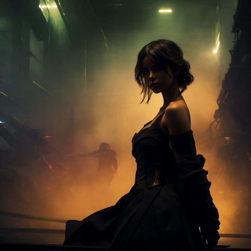 Masterpiece, Best Quality,1 girl, bare shoulder, I look at the viewer, cinematic lighting, dynamic pose, wide, silhouette, to throw, behind, real, canon photo, cinematic color