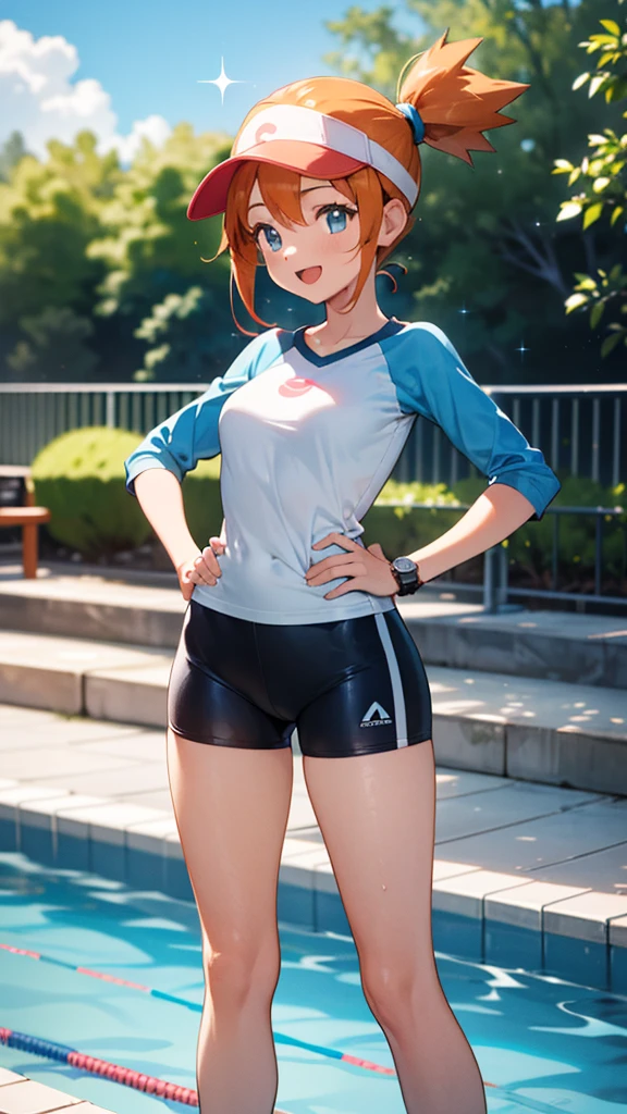 1 girl, masterpiece, best quality, highres, ro1, Misty from pokemon, hair bun, blue eyes, visor cap, , raglan sleeves, blue bicycle shorts, small ponytail on the side, wristwatch, standing, hand on hip, smile, open mouth, (sparkle:1.1), orange hair, medium breasts, 3/4 body view, outdoors, swimming pool