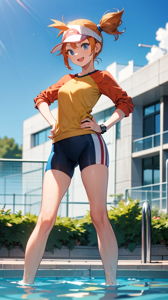 1 girl, masterpiece, best quality, highres, ro1, Misty from pokemon, hair bun, blue eyes, visor cap, , raglan sleeves, blue bicycle shorts, small ponytail on the side, wristwatch, standing, hand on hip, smile, open mouth, (sparkle:1.1), orange hair, medium breasts, 3/4 body view, outdoors, swimming pool