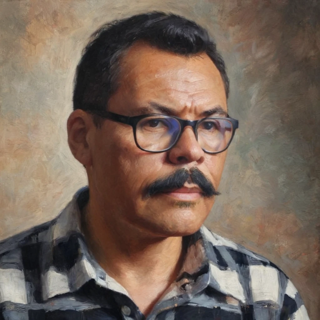 Half-body portrait of a man with glasses and a mustache, short hair with a fade on the sides, wearing a checkered shirt. The portrait is done in acrylic painting style, capturing the texture and depth of the medium. The background is softly blended, enhancing the focus on the man. The lighting is warm and natural, adding a realistic touch to the painting. (acrylic painting style:1.2), (highly detailed:1.1), (soft lighting:1.1), (textured brushstrokes:1.1), (warm tones:1.1).,gutto2024abr 