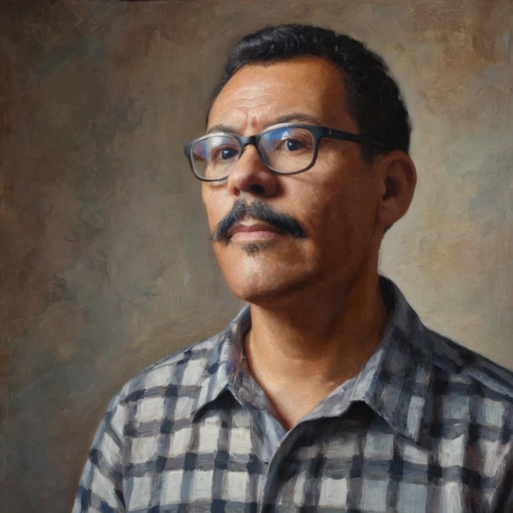 Half-body portrait of a man with glasses and a mustache, short hair with a fade on the sides, wearing a checkered shirt. The portrait is done in acrylic painting style, capturing the texture and depth of the medium. The background is softly blended, enhancing the focus on the man. The lighting is warm and natural, adding a realistic touch to the painting. (acrylic painting style:1.2), (highly detailed:1.1), (soft lighting:1.1), (textured brushstrokes:1.1), (warm tones:1.1).,gutto2024abr 