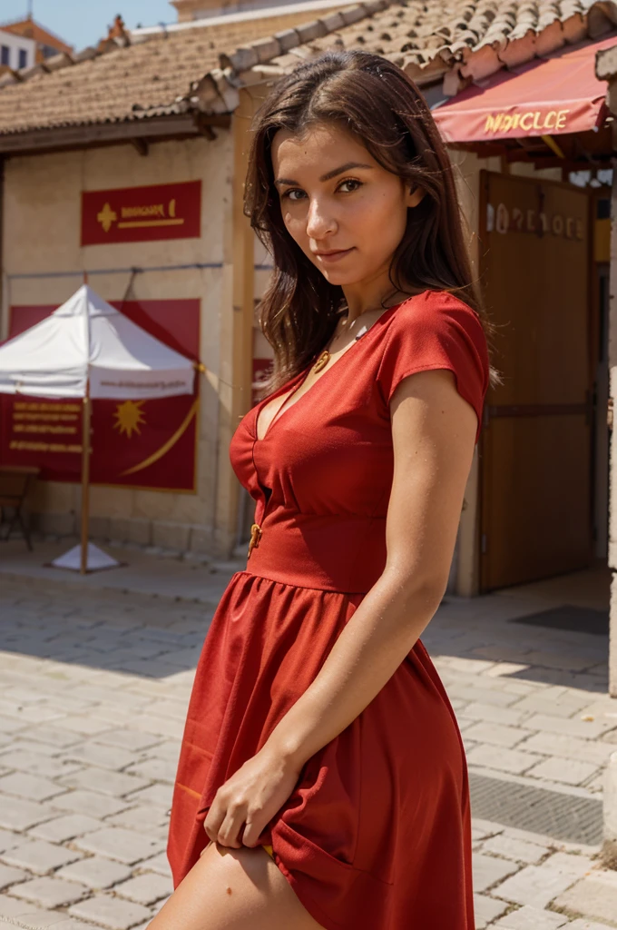 Macedonian woman standing, ((northern macecoid)), ((in the city of Skopje)), jolie corps, nice face, smirk, ((beautiful red dress with a sun)), (((grande place de Skopje)))