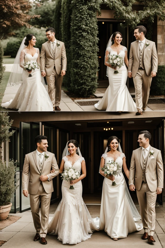 Two men wearing beige tuxedos and two women in wedding gowns